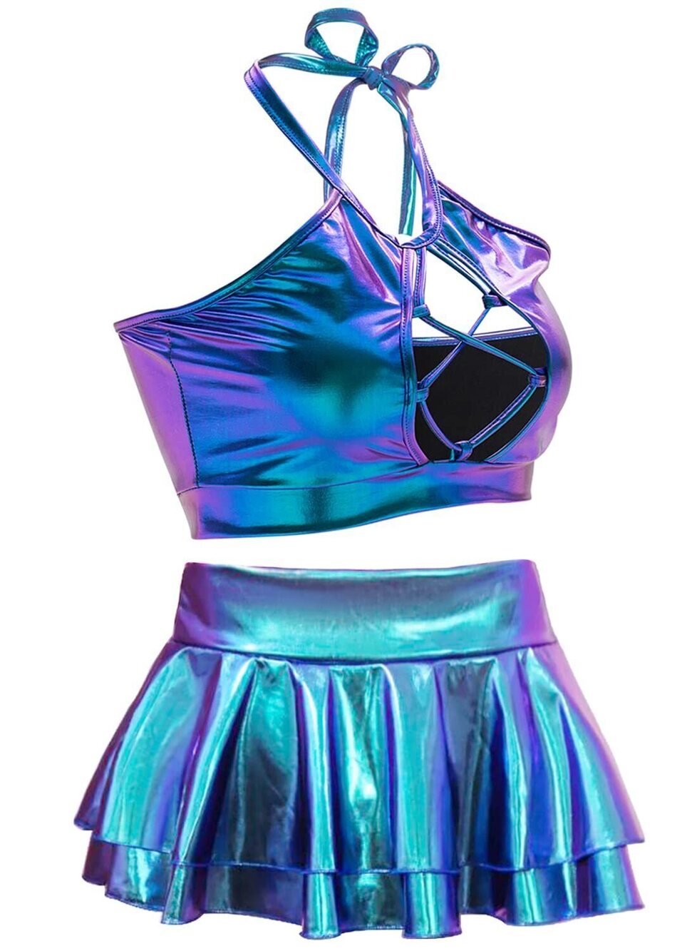 5066 Rave Outfit Sets Festivals 2 Pcs Metallic Tops Skirt EDM Party Club